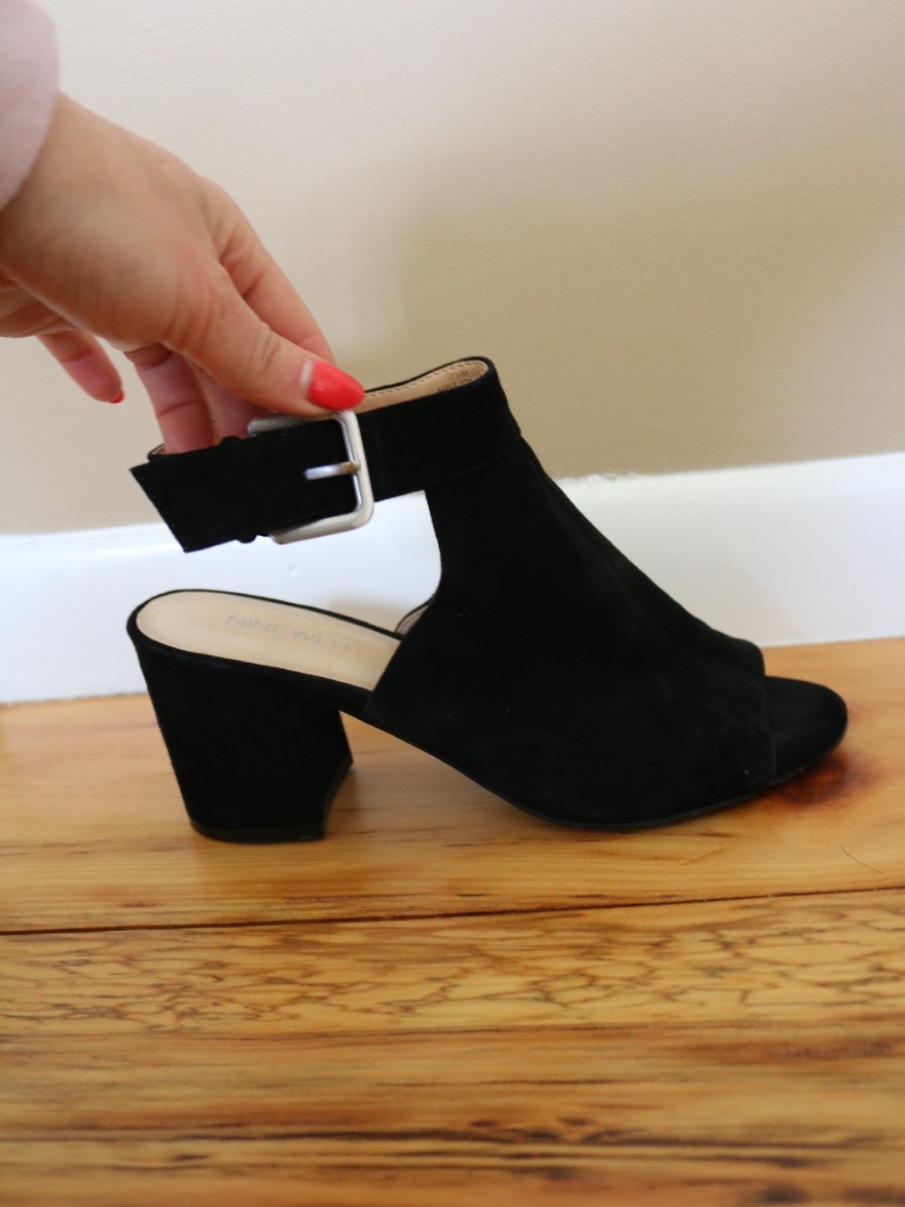 Nine West Black Suede Open Heel Block Sandals